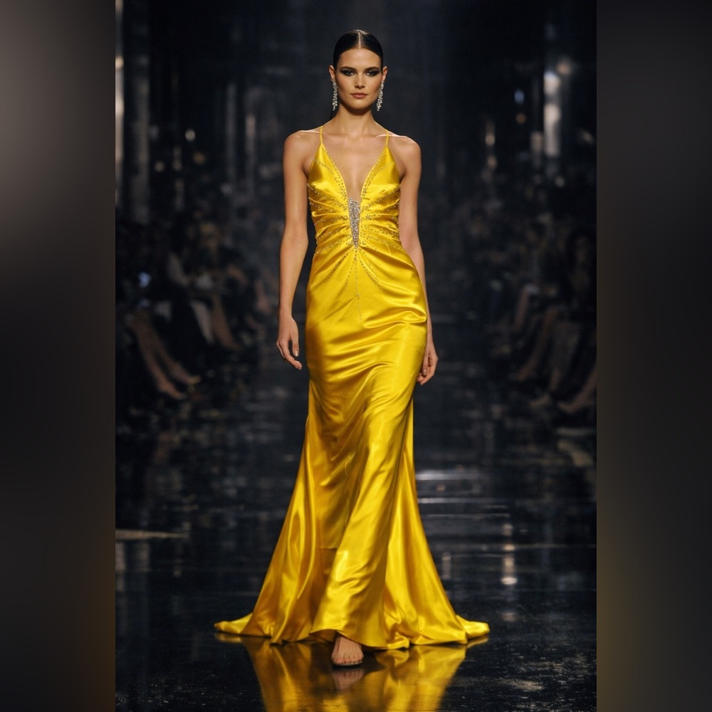 Xtreme Formal Yellow Satin Gown Size 4 Beaded Illusion V Neck Dress